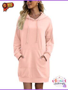 Quenteen Women Hooded Sweatshirt Dress Long Sleeve Tunic Pullover with Pocket